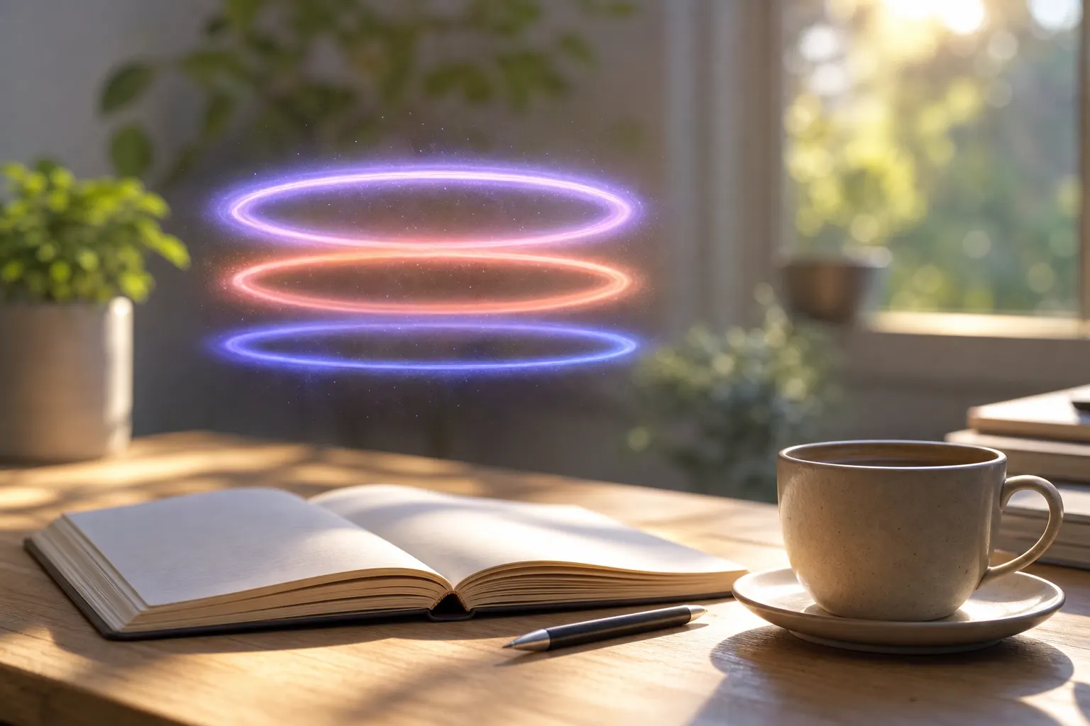 Soft halo rings above a notebook, suggesting multiplied impact